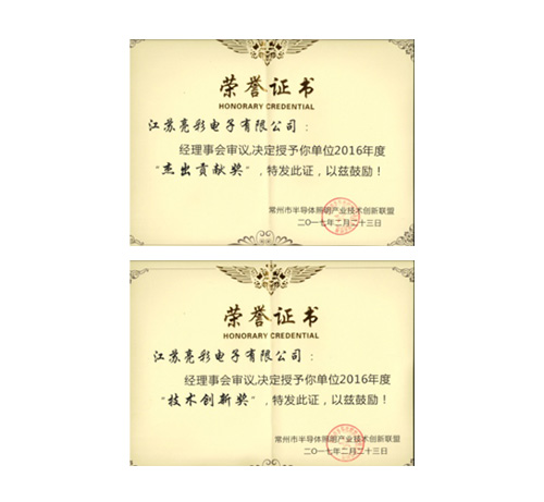 榮獲常州市半導體照明產業技術 創新聯盟頒發的“杰出貢獻獎”、 “協助獎”以及“年度先進個人獎”